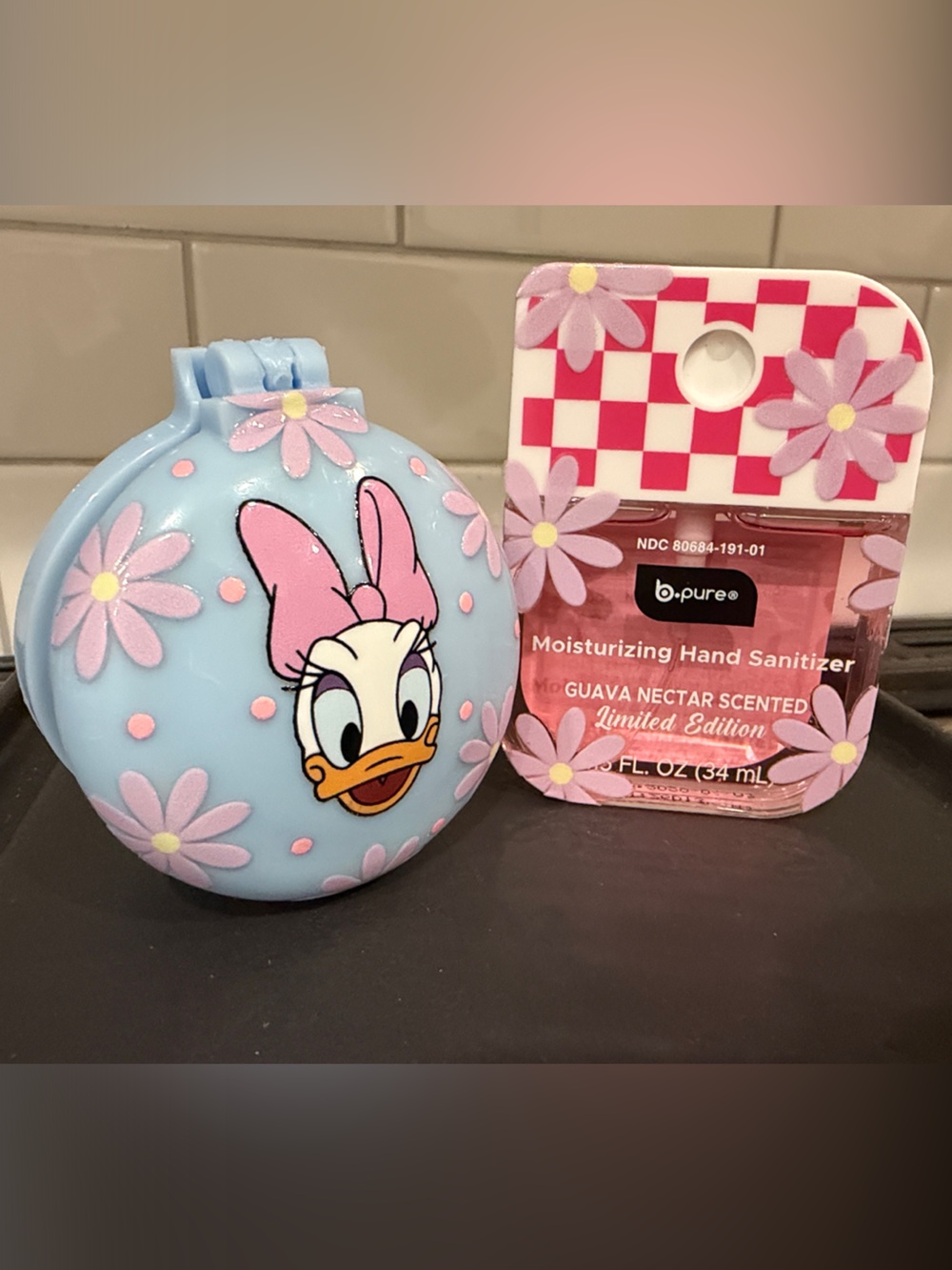NEW Daisy Duck Blue Travel Hairbrush Compact and Pink Daisy Hand Sanitizer